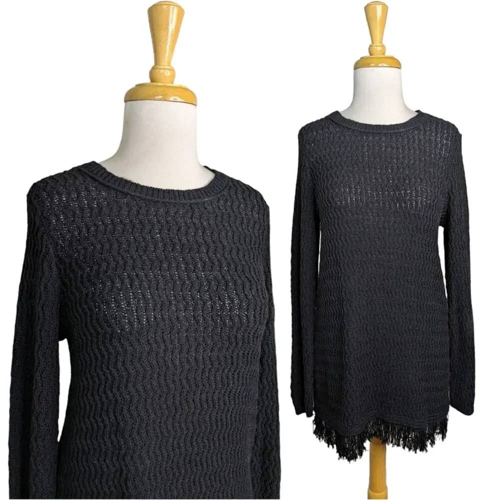 NEW J. Jill Fringe Tunic Sweater XS Black Knit Textured Pullover Cotton Blend
